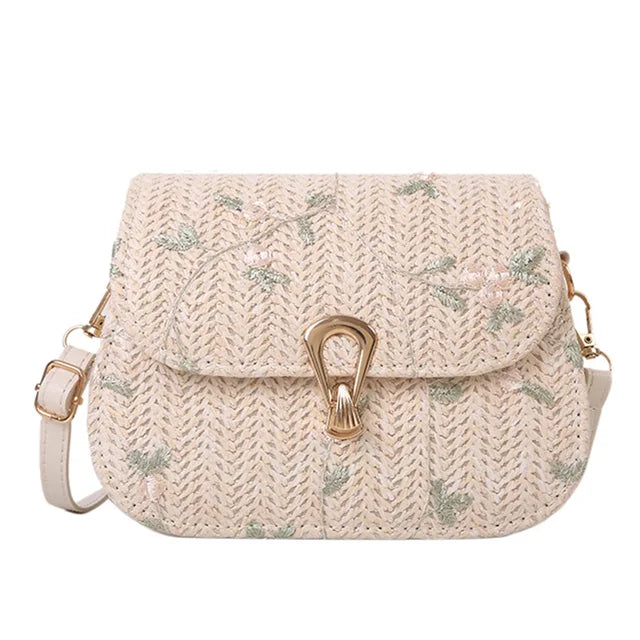Rebecca - Embroidered straw shoulder bag-Elly Rose