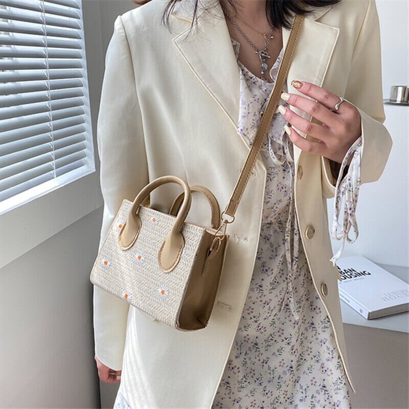 Woven handbag with floral accents - Serena-Elly Rose